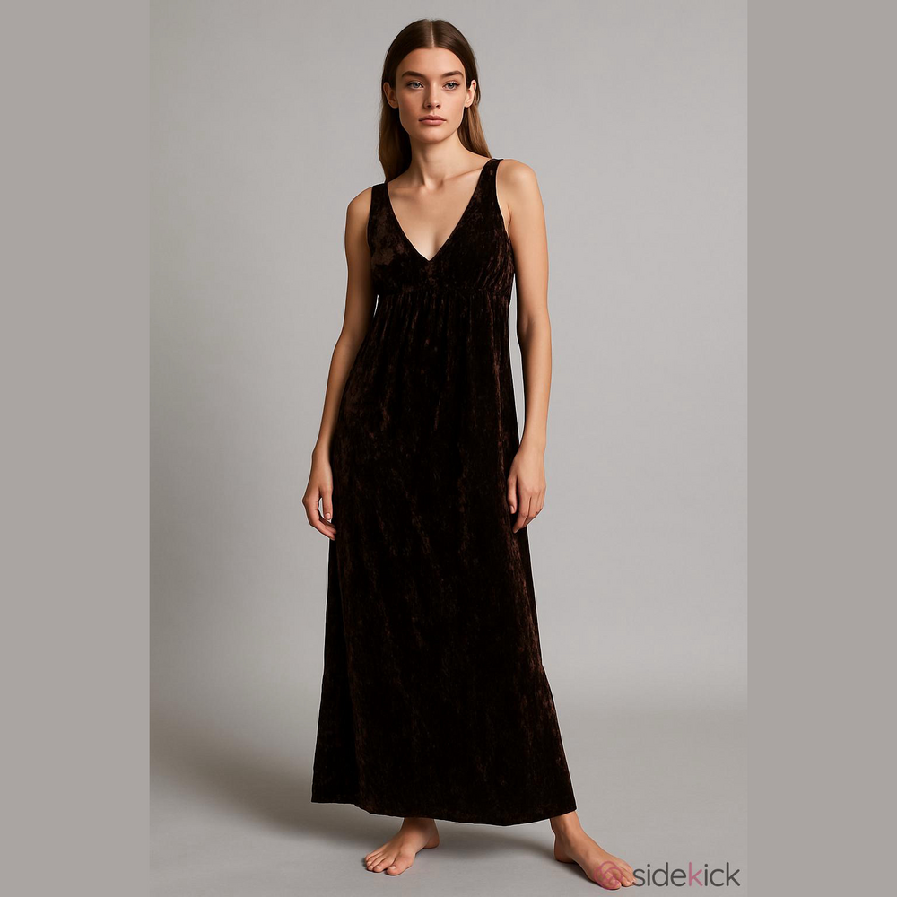 VTG 90s Beth Schaeffer Chocolate Brown Crushed Velvet Maxi Dress Size S - Picture 10 of 10